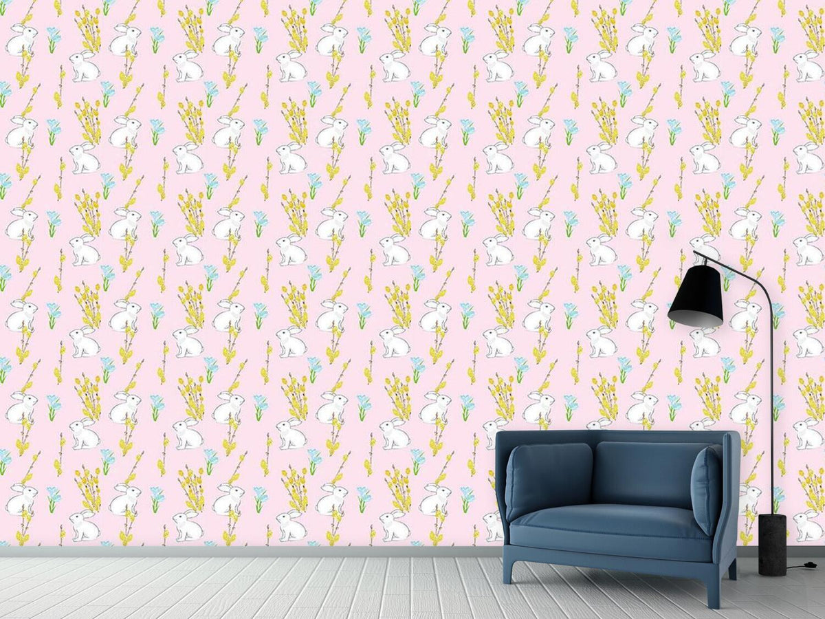 patterned-wallpaper-easter-bunny-and-flowering-willow