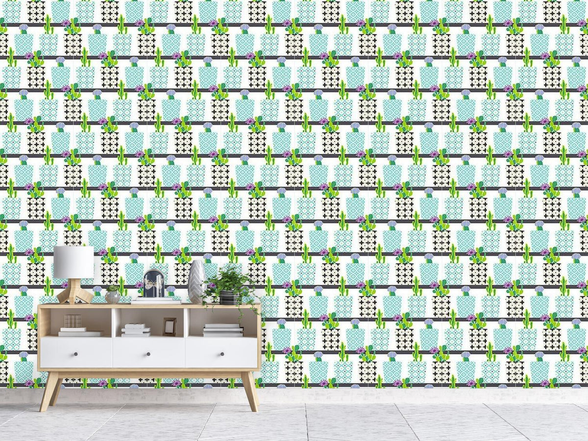 patterned-wallpaper-cactus-pots-on-shelves